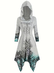 Gothic Graphic Print Hooded Dress Long Sleeve for Women
