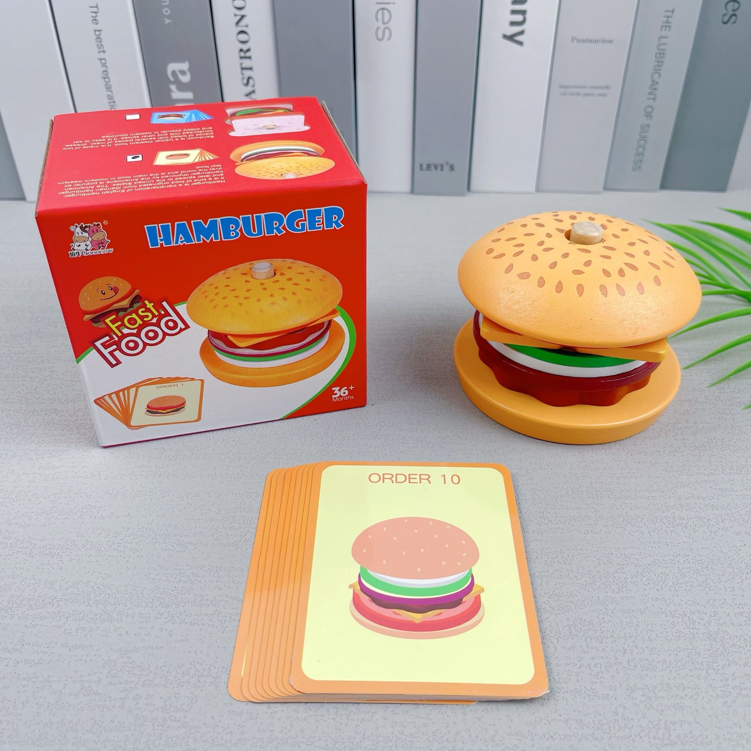 Wooden Pretend Play Food Set Hamburger Fries & Sandwich Kitchen Role Play Toys