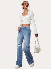 Raw Trim Distressed Denim Straight Leg Pants Women's Jeans