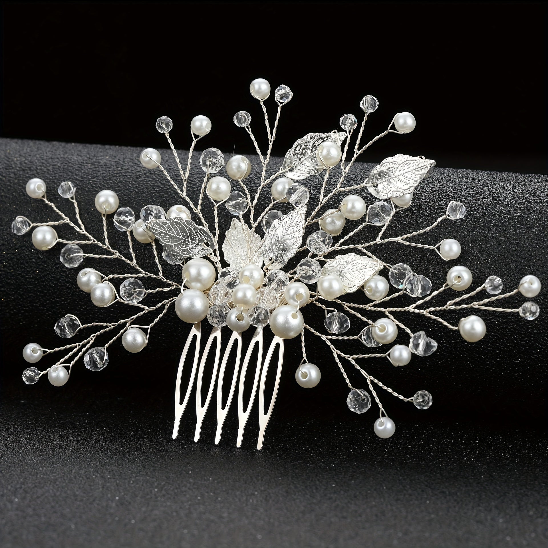 Bridal Wedding Pearl Crystal Hair Comb Silvery Leaf Shape