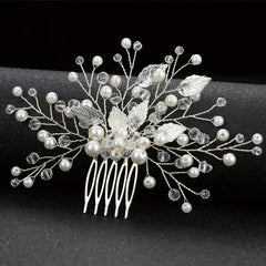 Bridal Wedding Pearl Crystal Hair Comb Silvery Leaf Shape