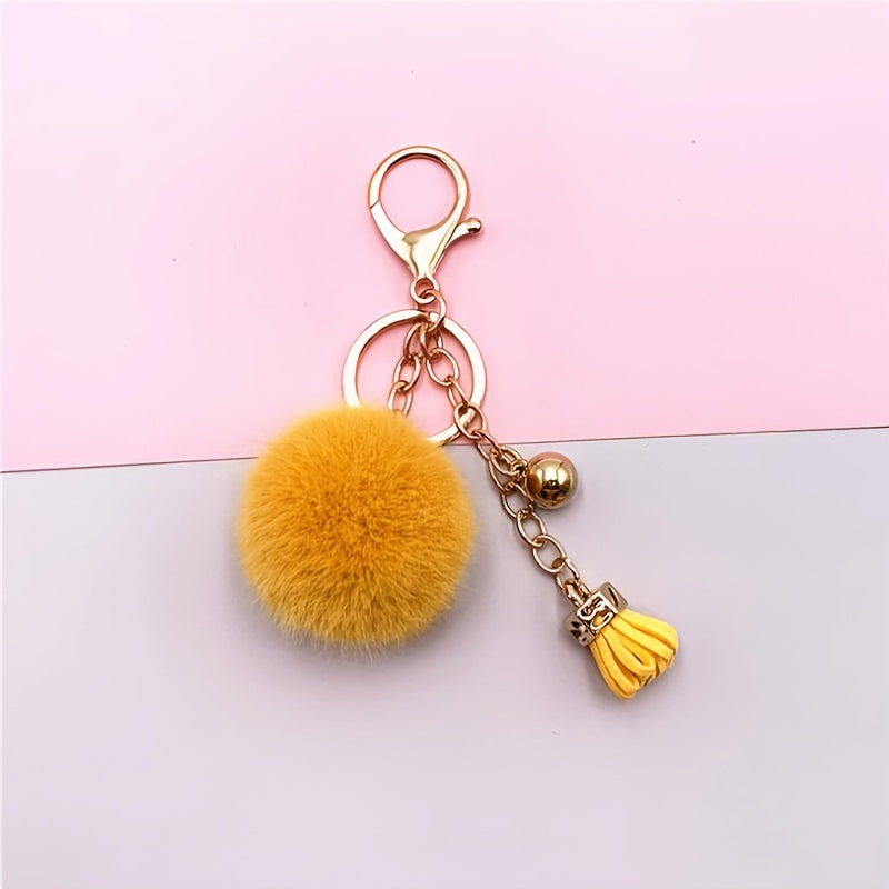 Funny Plush Ball Keychain with Bowknot Tassel Fruit Snap Hook