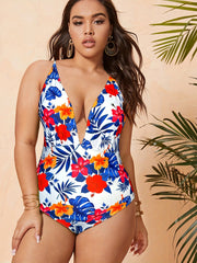 Tropical Print Deep V Neck One Piece Swimsuit