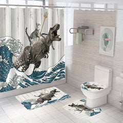 Cat Dinosaur Shower Curtain Set + Bath Mat + 12 Hooks - 71x71