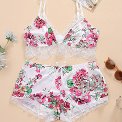 Contrast Lace Floral Print Push Up Lingerie Set Women's Plus