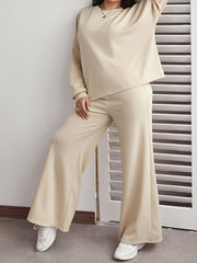Solid Long Sleeve Top & Wide Leg Pant Set Women's Plus Size