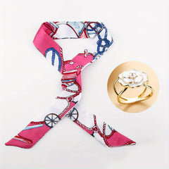 2pcs Skinny Scarf & Ring Set Rose Red Ribbon Twilly Scarf & Faux Pearl Camellia