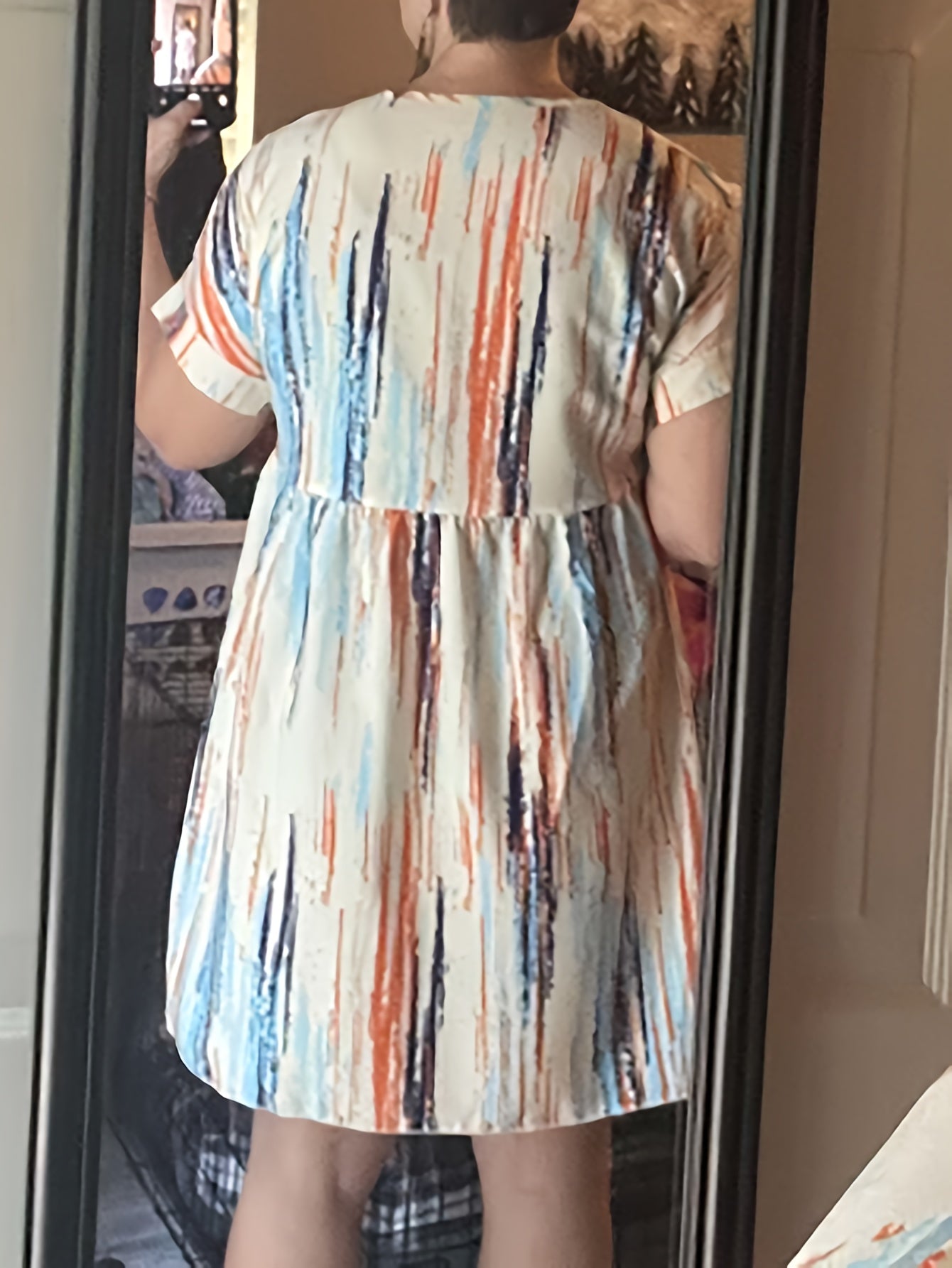 Striped Print Dress Casual V Neck Short Sleeve Dress