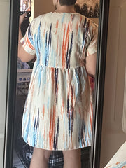 Striped Print Dress Casual V Neck Short Sleeve Dress