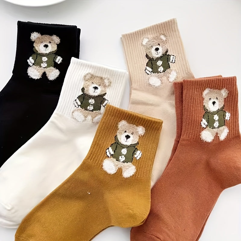 5 Pairs Cartoon Bear Print Socks Women's Stockings