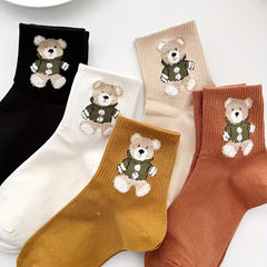 5 Pairs Cartoon Bear Print Socks Women's Stockings