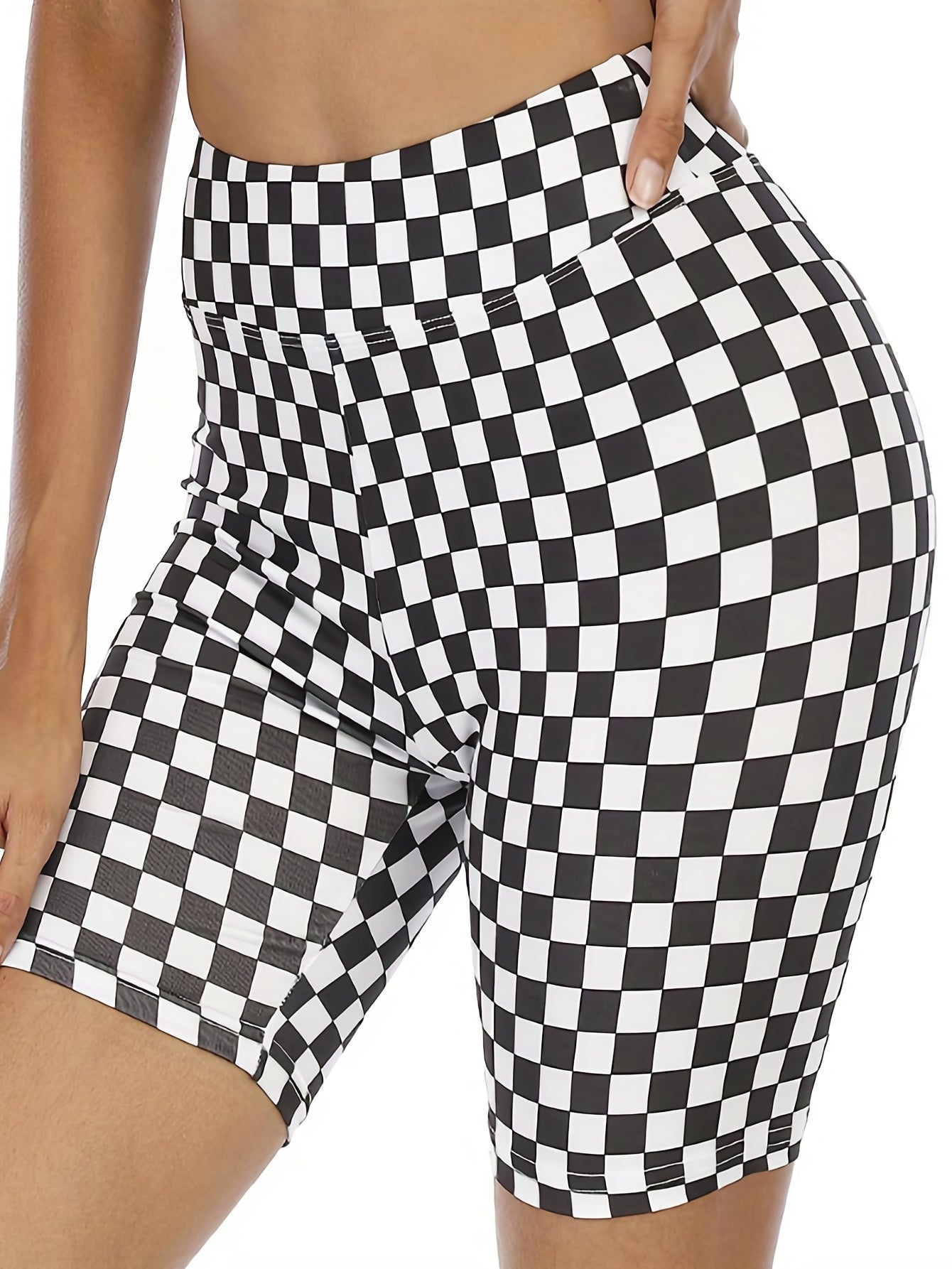 Sporty Plus Size Shorts for Women, Checkerboard High Rise Biker Shorts