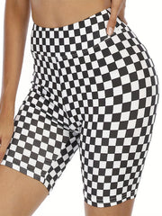 Sporty Plus Size Shorts for Women, Checkerboard High Rise Biker Shorts