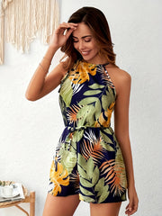 Tropical Print Sleeveless Romper Vacation Drawstring Summer Romper