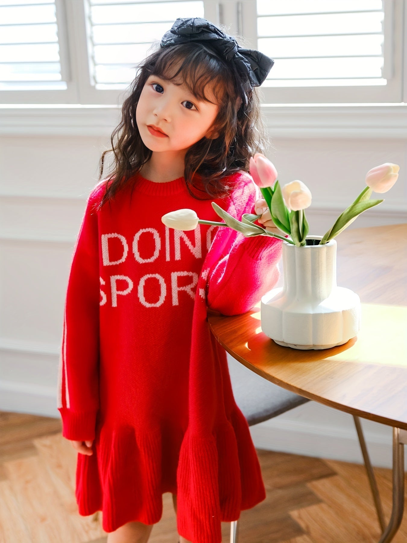 Girls Comfy Letter Print Sweater Dress Warm Longline Dress Kids Clothes