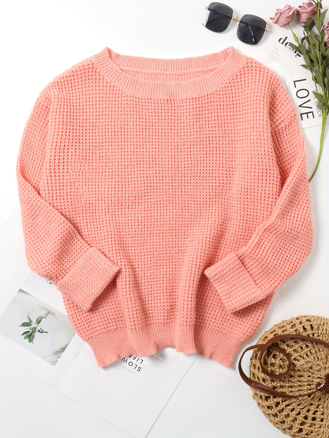 Solid Long Sleeve Round Neck Knitted Jumper