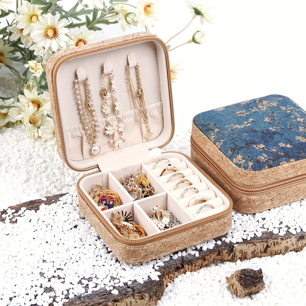 Vintage Painting Print Jewelry Box Zipper Portable Organizer