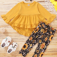 Toddler Baby Girls Sunflower Graphic Outfit Ruffle Sleeve Shirt Floral Pant Set