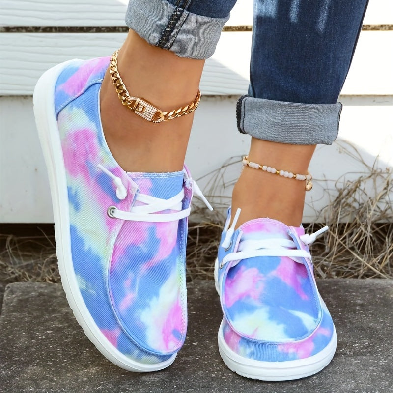 Women's Tie Dye Flat Loafers Lace Up Canvas Shoes
