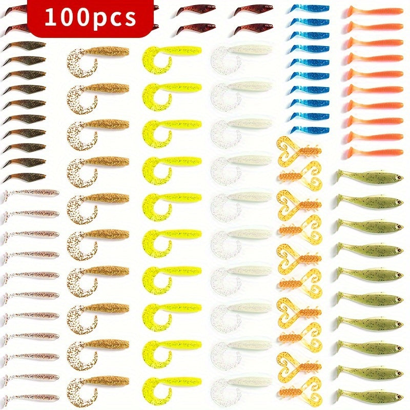 100pcs Bionic Soft Fishing Bait Trout Bass Paddle Tail Twister Tail Soft