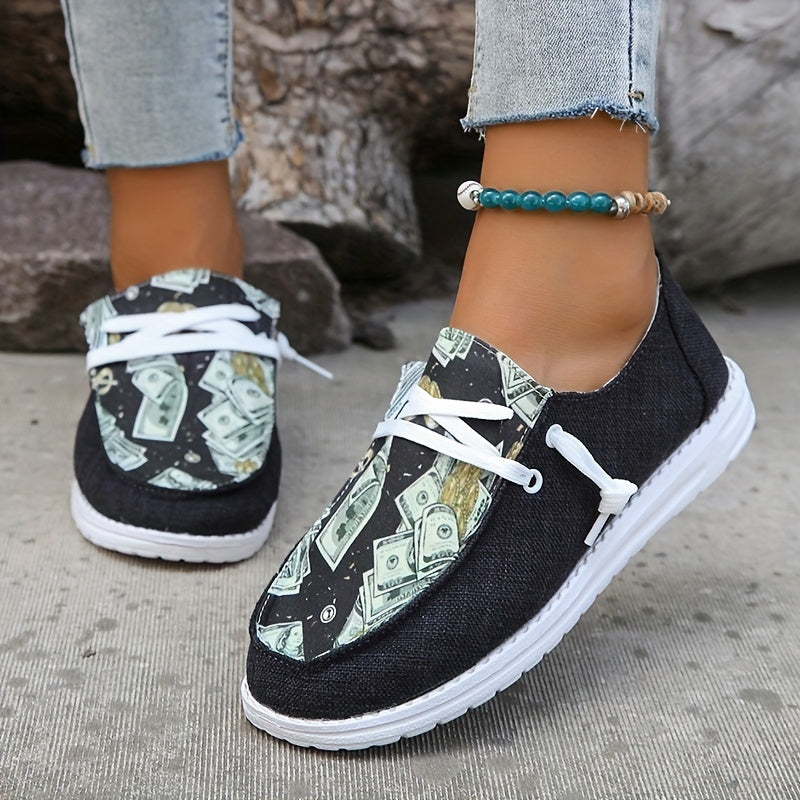 Women's Money Print Canvas Shoes Casual Lace Up Outdoor Shoes