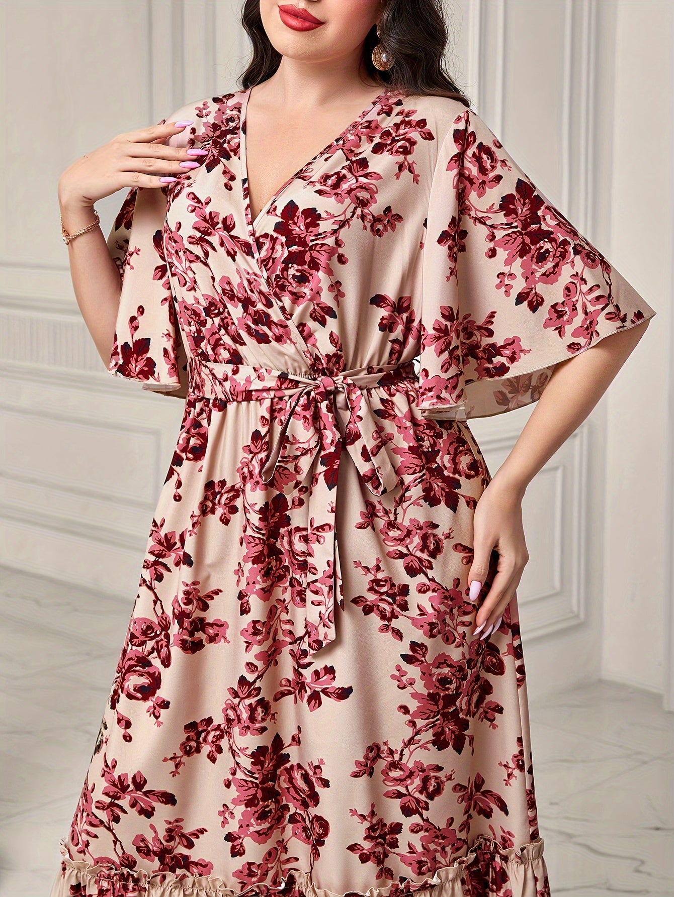 Women's Plus Floral Print Flutter Sleeve Maxi Smock Dress with Belt