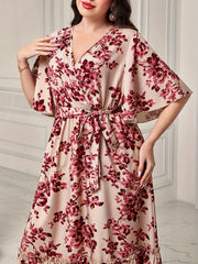 Women's Plus Floral Print Flutter Sleeve Maxi Smock Dress with Belt