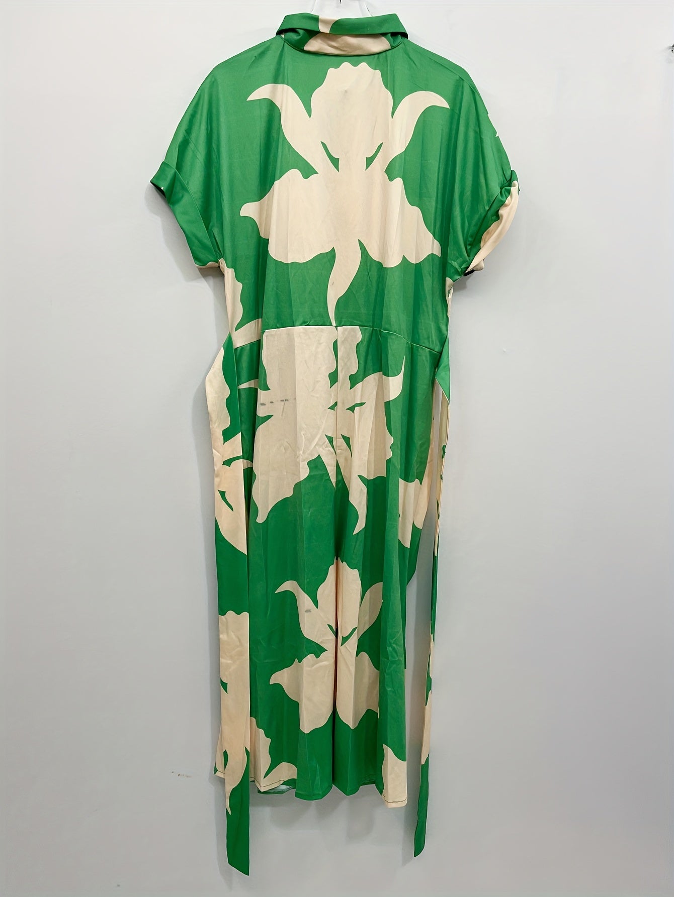 Print Maxi Dress Button Up Lapel Collar Belted Ruched Batwing Sleeve