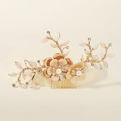 Golden Leaf Bridal Hair Comb Faux Pearl And Crystal Flower Hair Piece