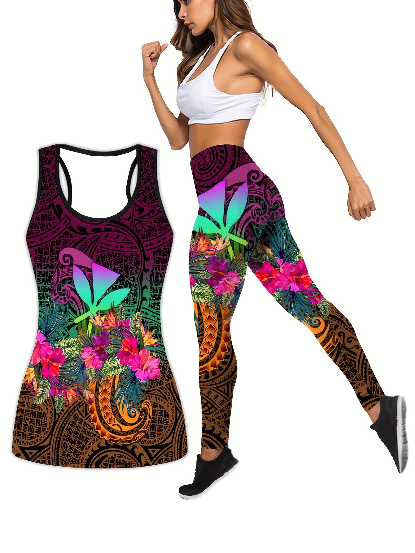 Hawaii Floral Print Tank Top & Leggings Set