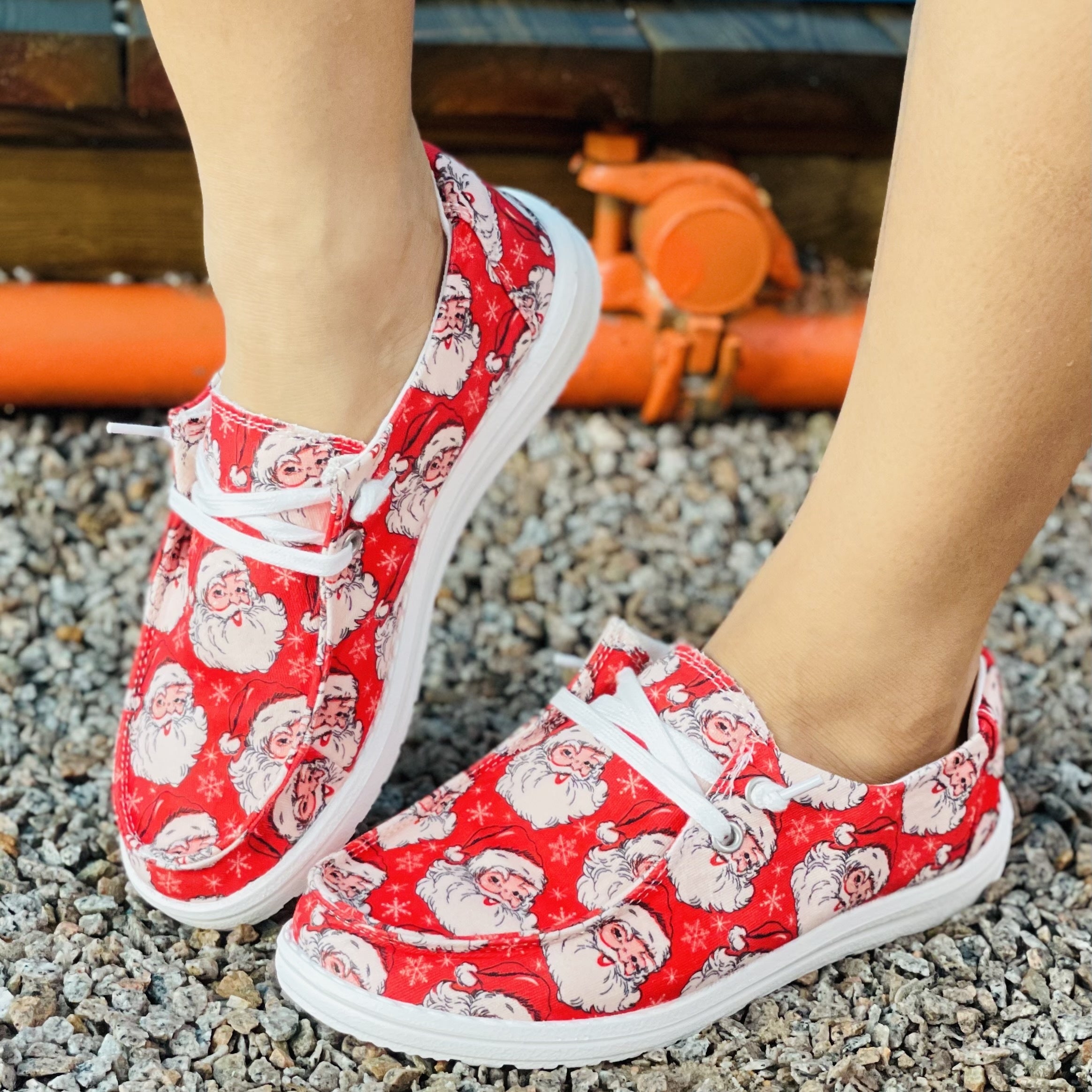 Women's Santa Claus Print Canvas Shoes Christmas Lace Up Outdoor