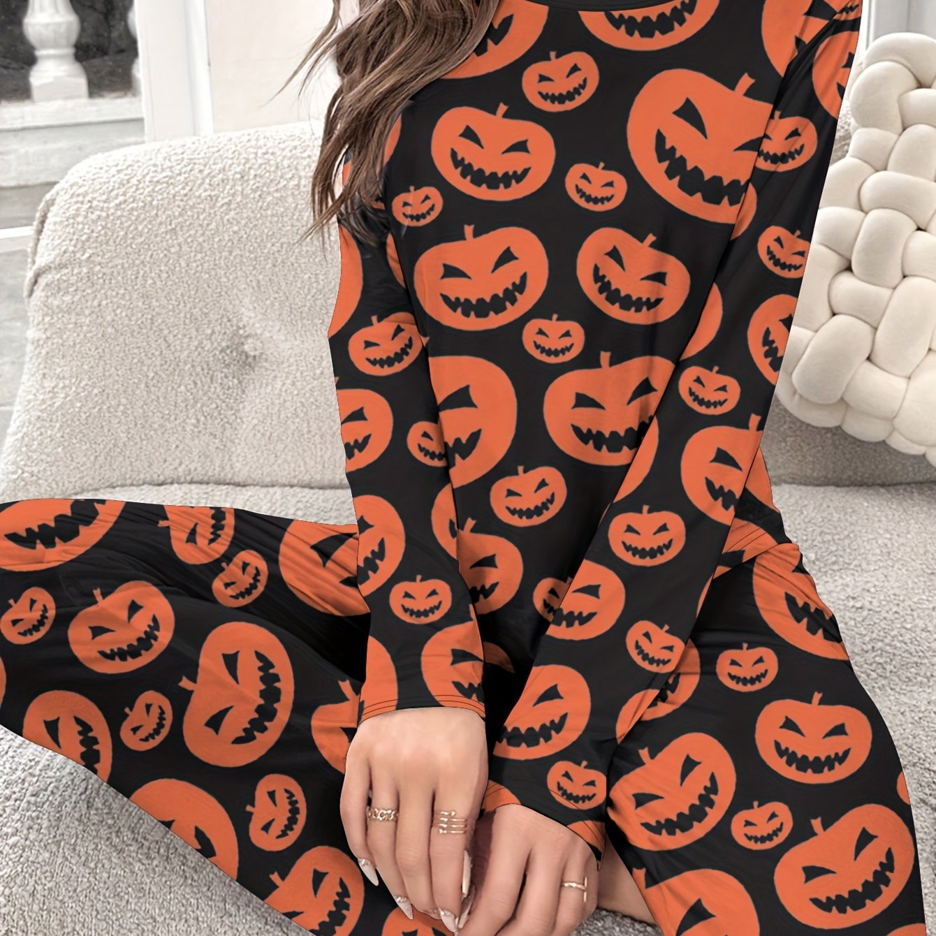 Pumpkin Print Halloween Pajama Set Long Sleeve Crew Neck Top & Elastic Waistband