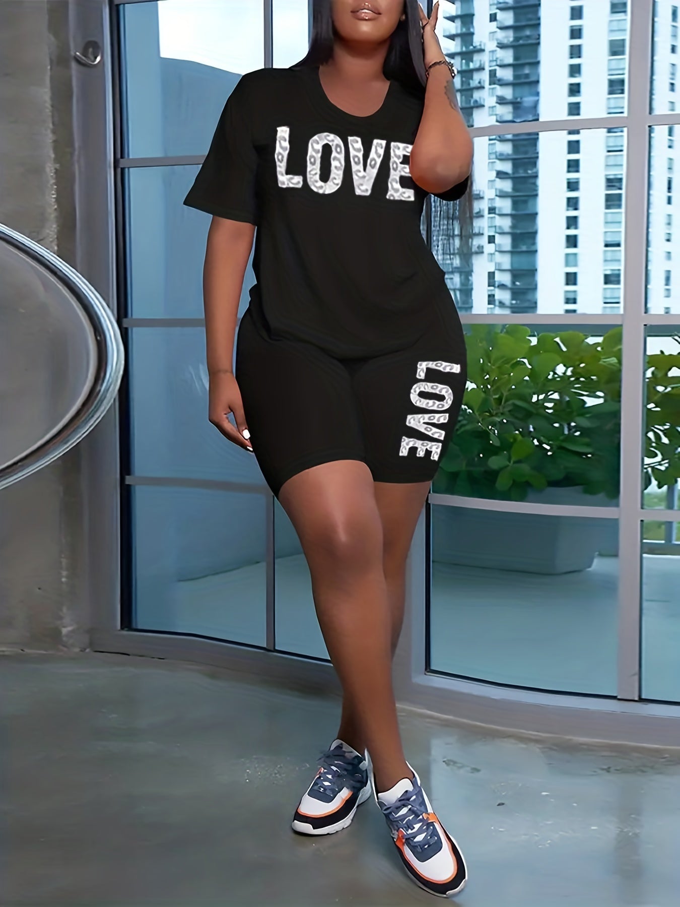 Two Piece Set: Letter Print Crop Top & Shorts