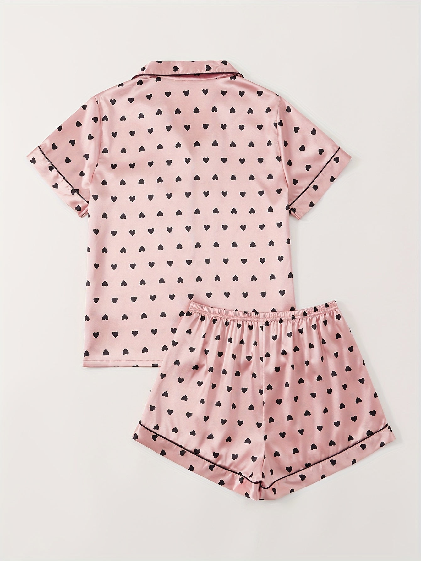 Heart Print Pajamas Set Short Sleeve Buttons Top & Shorts Women's Sleepwear