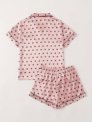 Heart Print Pajamas Set Short Sleeve Buttons Top & Shorts Women's Sleepwear