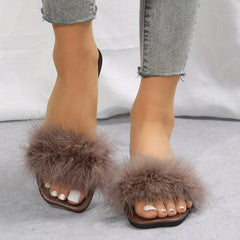 Women's Faux Fur Slippers Square Open Toe Slip On Shoes
