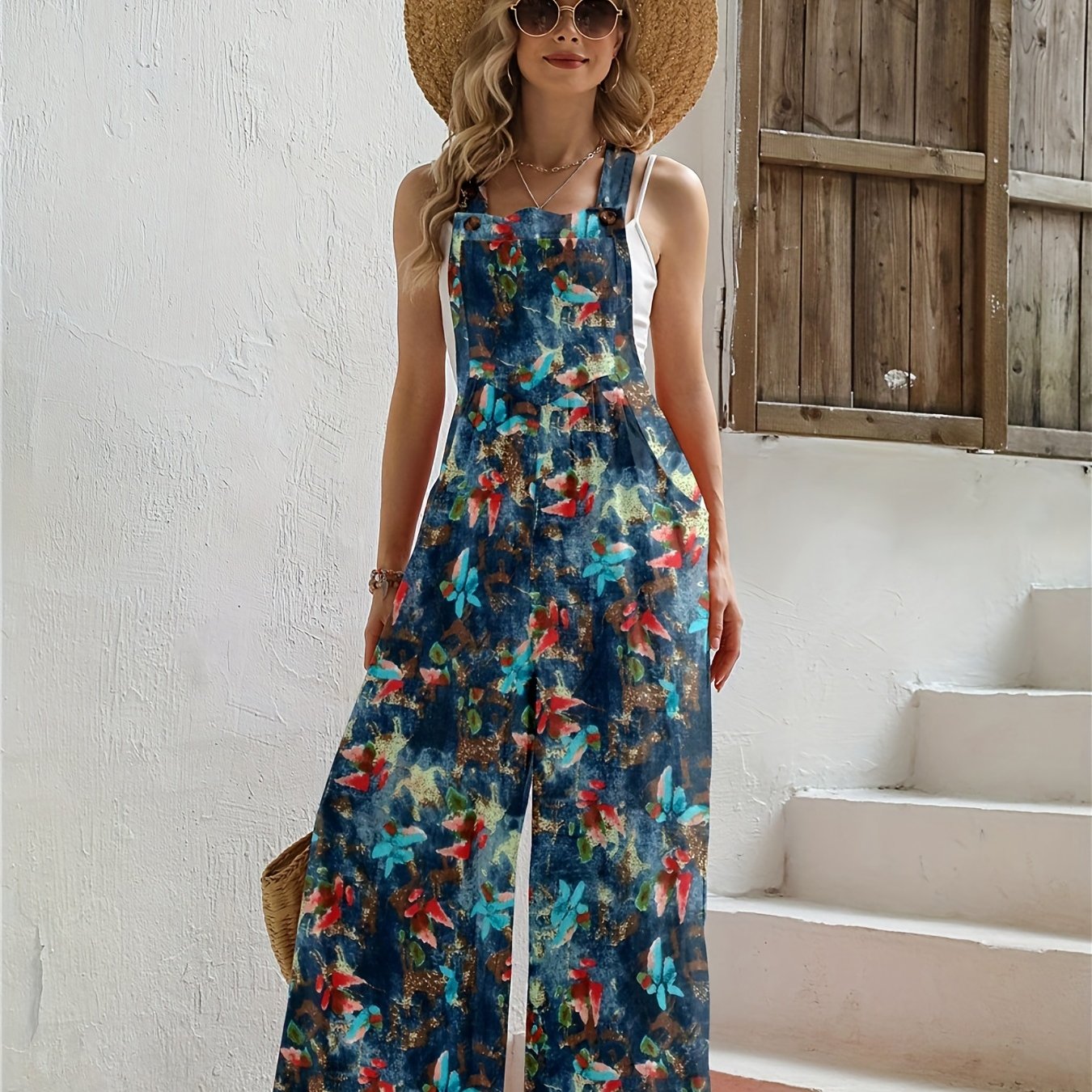 Floral Print Overall Wide Leg Jumpsuit Casual Button Overall Jumpsuit