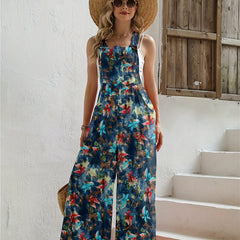 Floral Print Overall Wide Leg Jumpsuit Casual Button Overall Jumpsuit