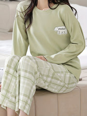 Cartoon Print Pajama Set Long Sleeve Top & Plaid Lounge Pants Sleepwear