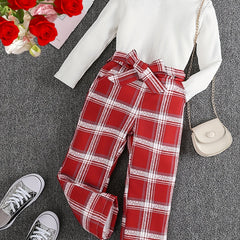 Girl's Ribbed Turtleneck Top & Plaid Belted Pants Set