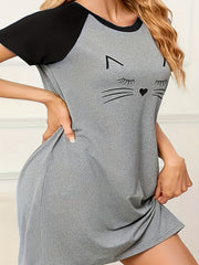 Cat Print Raglan Sleeve Tee Sleep Dress