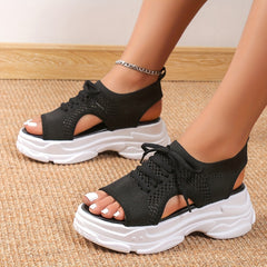 Women's Knitted Platform Sandals Peep Toe Lace Up Solid Slingback Shoes