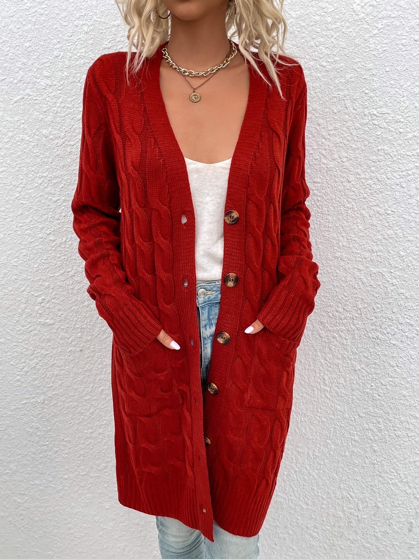 Button Up Pocket Cardigan Long Sleeve Mid Length Cardigan