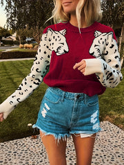 Leopard Print Crew Neck Knit Top Long Sleeve Sweater