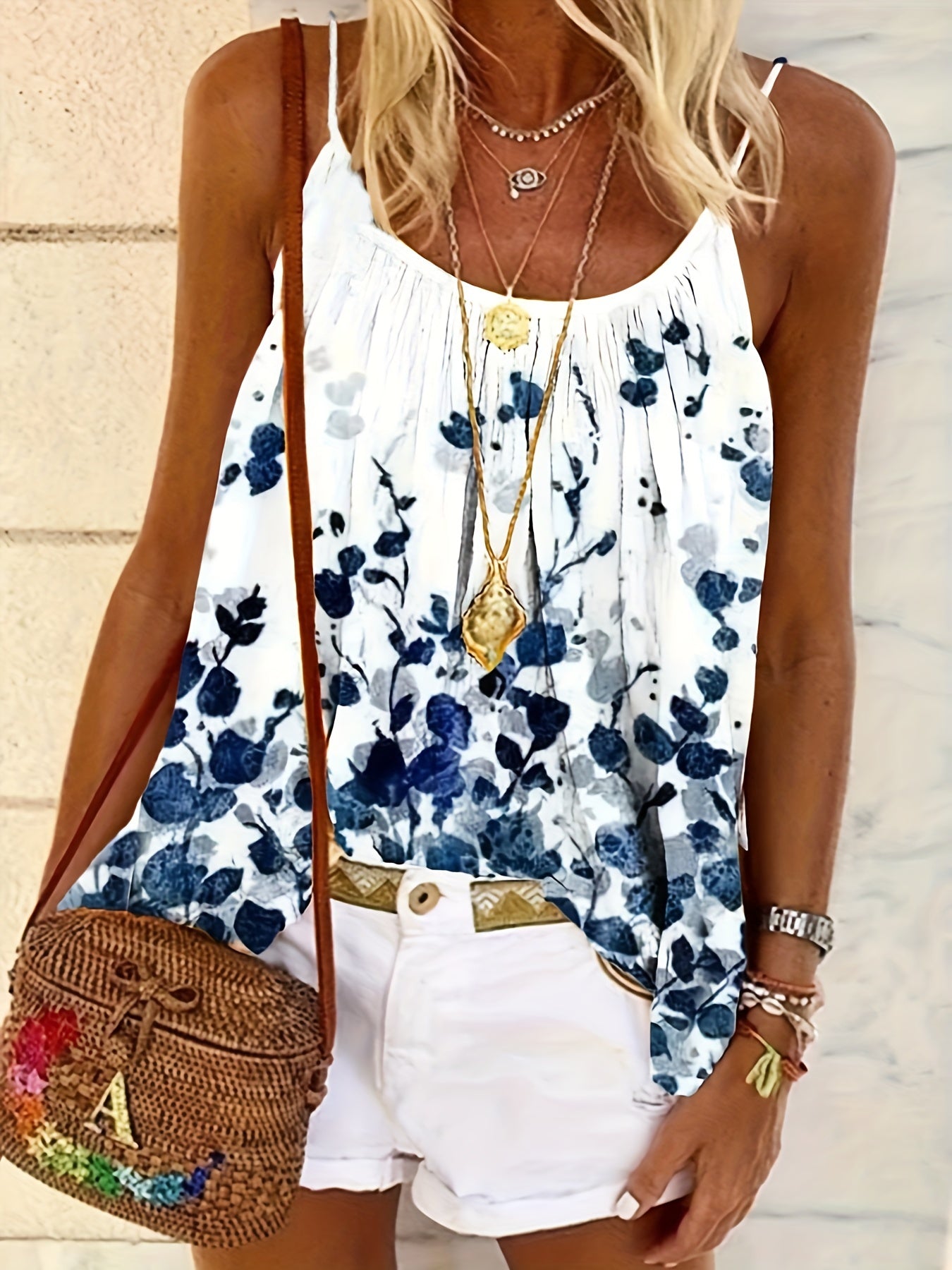 Marble Print Cami Top Round Neck Medium Stretch