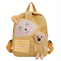 Kids Cartoon Rabbit Plaid Backpack With Teddy Bear Plush