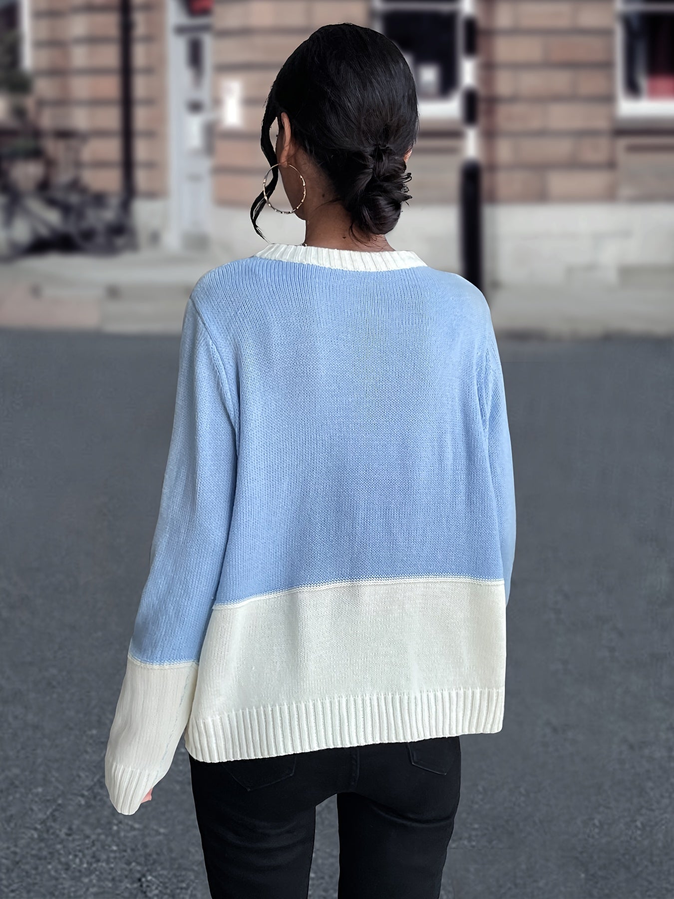Colorblock Crew Neck Pocket Sweater Loose Long Sleeve Knit Fall Winter