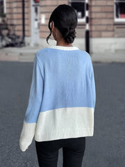Colorblock Crew Neck Pocket Sweater Loose Long Sleeve Knit Fall Winter