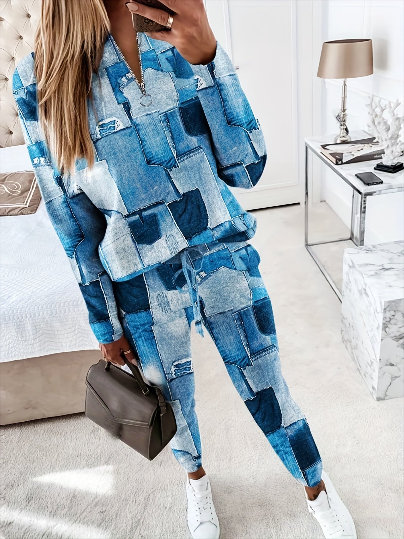 Women's Plus Denim Print Top & Pants Two Piece Set
