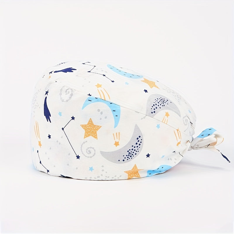 Cartoon Print Nurse Cap Scrub Cap with Button Elastic Adjustable Work Hat